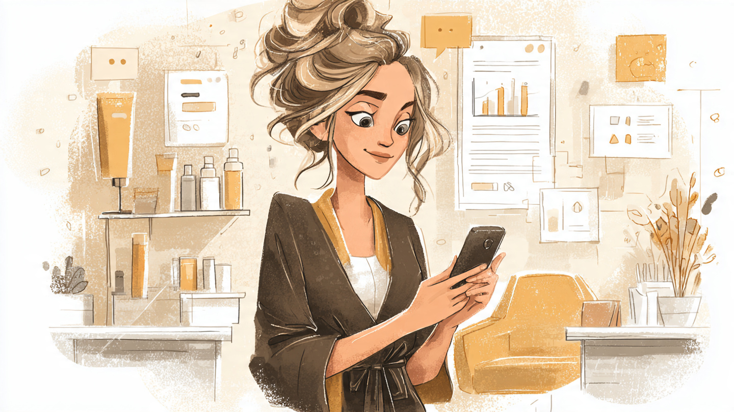Dona de salão de beleza usando inteligência artificial no celular para criar conteúdo