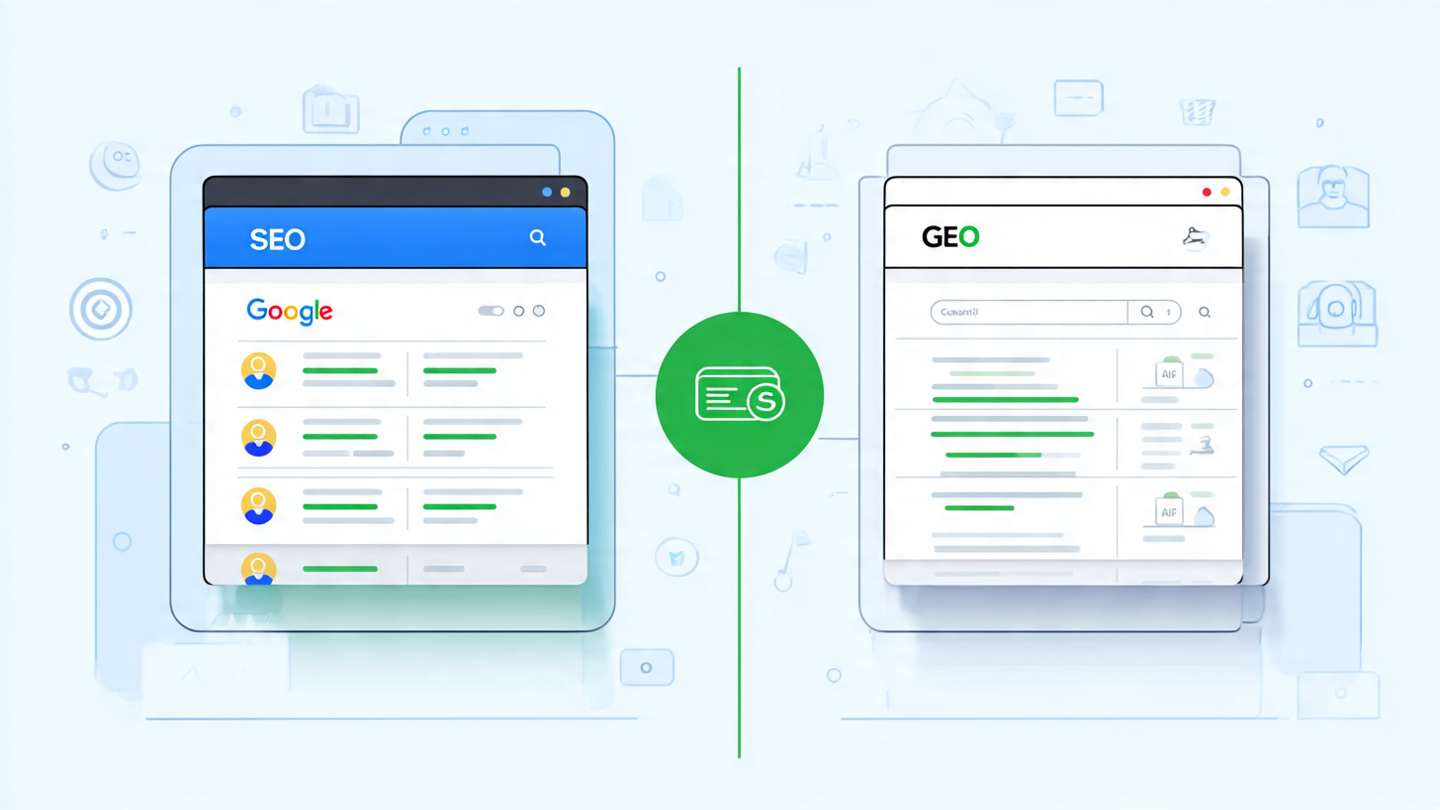 Ilustração mostrando empresas visíveis e invisíveis nas buscas com inteligência artificial usando GEO
